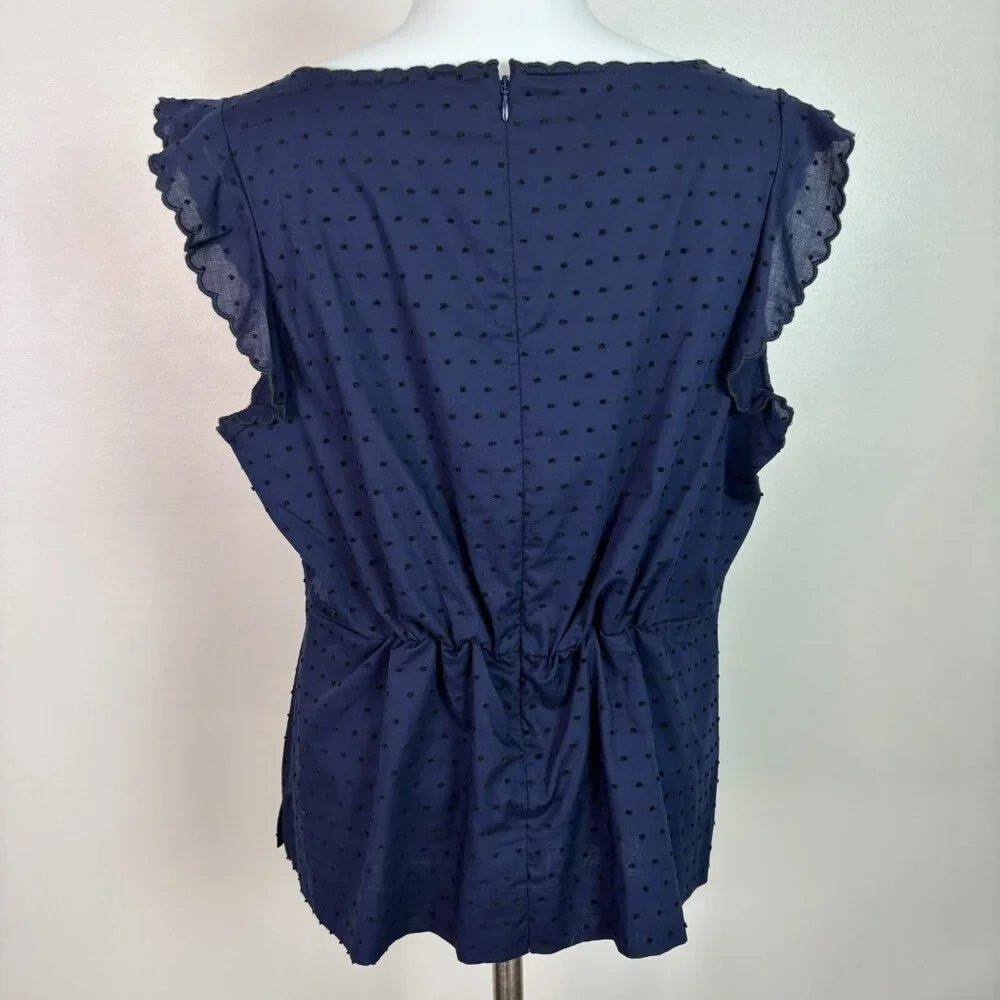 J. Crew Top 12 Navy Blue Swiss Dot Peplum Flutter Sleeve Scalloped V-Neck Blouse - Picture 5 of 11